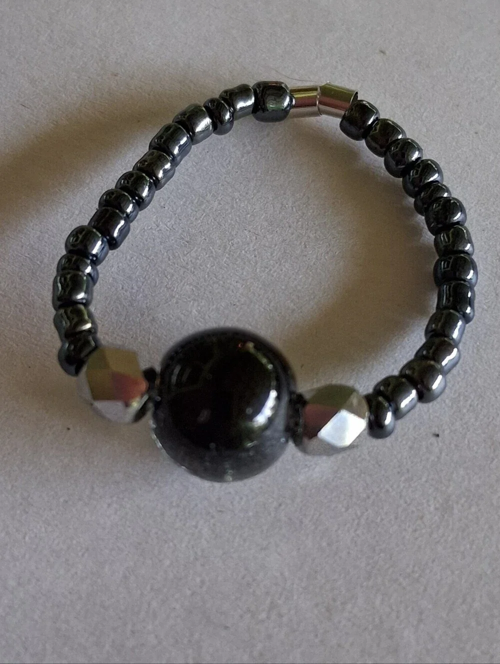 5/$25 Hand Crafted Iridescent Black Glass Center Ring with Silver Accents 7,8,9